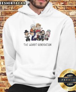 Top Peanuts X One Piece hoodie featuring The Worst Generation cartoon characters in vibrant colors.