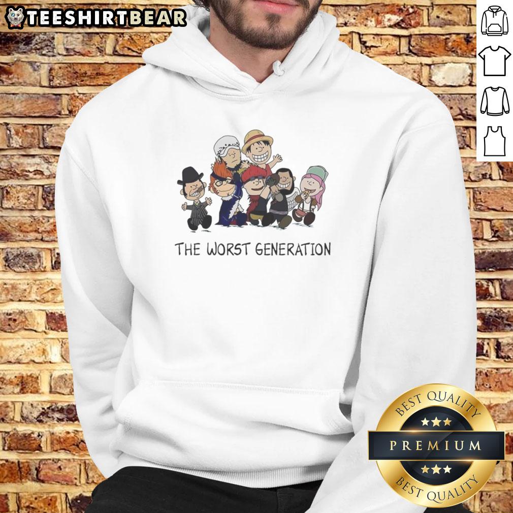 Top Peanuts X One Piece hoodie featuring The Worst Generation cartoon characters in vibrant colors.