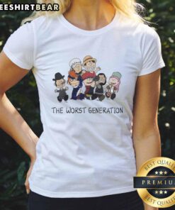 Alt Text: Top Peanuts X One Piece The Worst Generation cartoon characters ladies tee showcasing vibrant designs and playful graphics.
