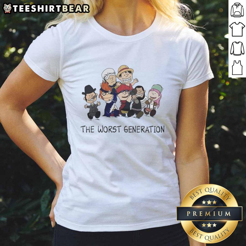 Alt Text: Top Peanuts X One Piece The Worst Generation cartoon characters ladies tee showcasing vibrant designs and playful graphics.