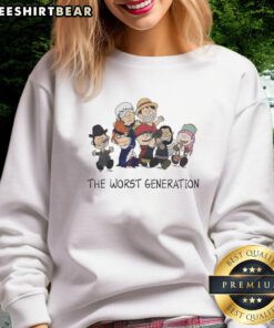 Alt Text: Top Peanuts X One Piece The Worst Generation cartoon characters sweatshirt featuring vibrant designs and comfortable fit.