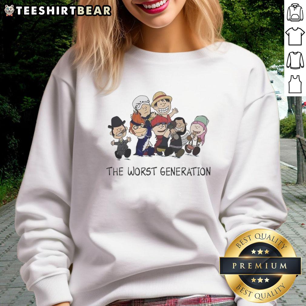 Alt Text: Top Peanuts X One Piece The Worst Generation cartoon characters sweatshirt featuring vibrant designs and comfortable fit.