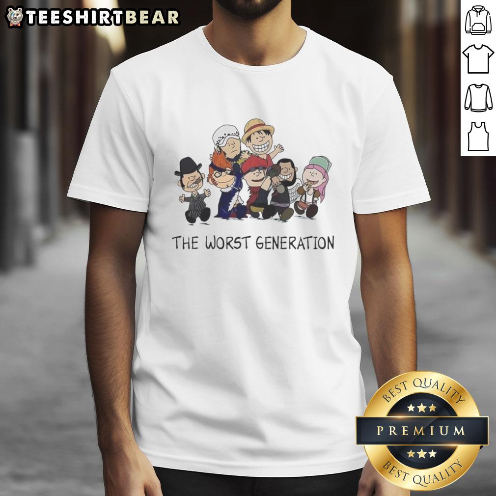 Top Peanuts X One Piece The Worst Generation cartoon characters T-shirt featuring iconic designs and vibrant colors.