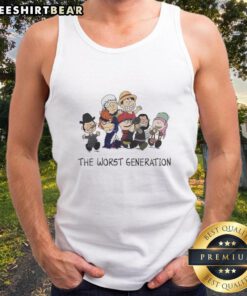 Top Peanuts X One Piece The Worst Generation cartoon characters tank top featuring vibrant designs and playful graphics.