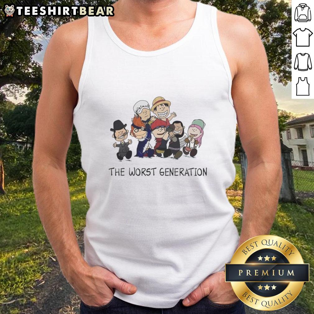 Top Peanuts X One Piece The Worst Generation cartoon characters tank top featuring vibrant designs and playful graphics.