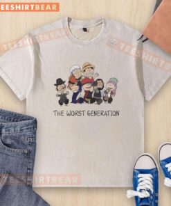 Top Peanuts X One Piece The Worst Generation cartoon characters washed t-shirt design featuring vibrant graphics.