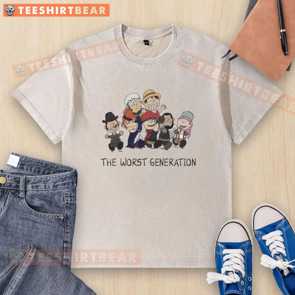 Top Peanuts X One Piece The Worst Generation cartoon characters washed t-shirt design featuring vibrant graphics.