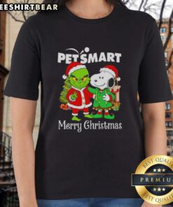 Top PetSmart x Grinch and Snoopy Merry Christmas Ladies Tee featuring festive characters for holiday cheer.