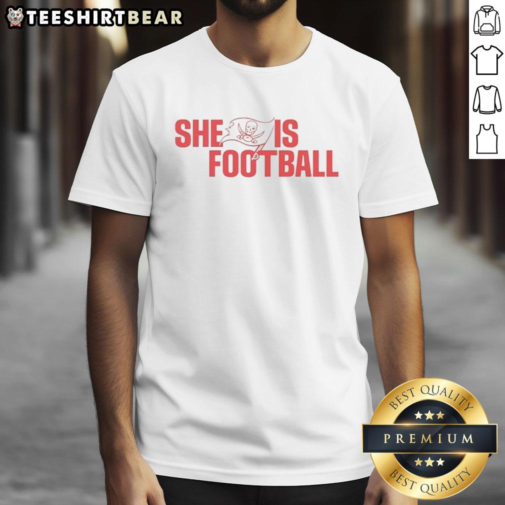 Alt Text: Top Rashad Wisdom Tampa Bay Buccaneers 'She Is Football' T-Shirt featuring a stylish design for female fans.