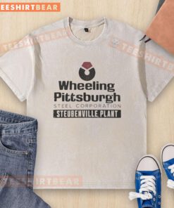 Alt Text: Top Wheeling Pittsburgh Steel Corporation washed t-shirt in Follansbee, WV, showcasing vintage industrial style.