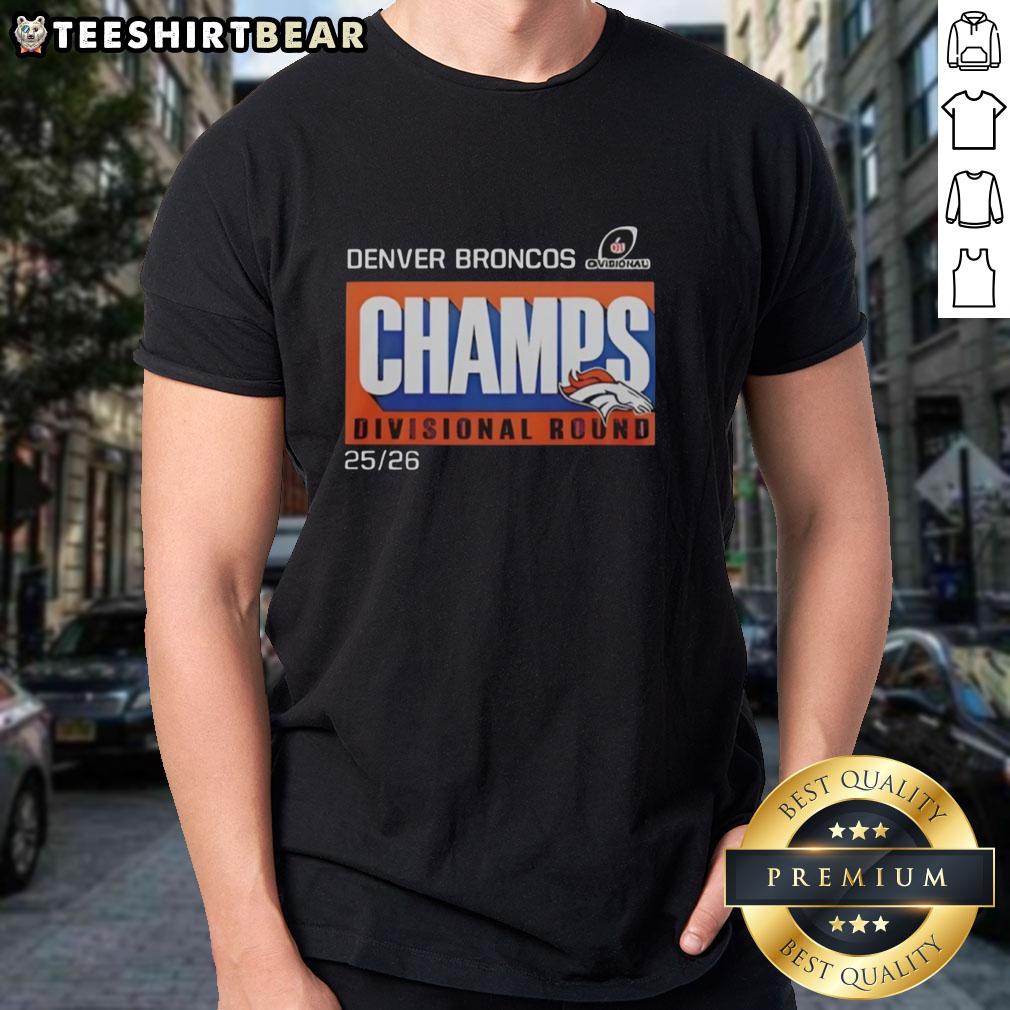 Alt Text: Awesome Denver Broncos 202526 Divisional Round Champs T-Shirt featuring team colors and logo, perfect for fans.