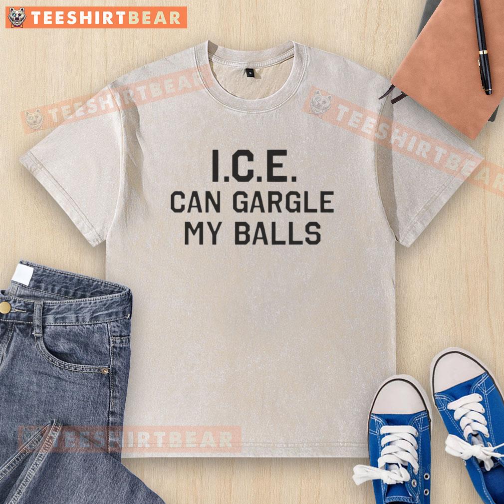 Awesome Ice Can Gargle My Balls Toxhards Crude Protest Statement Washed T-Shirt displayed on a wooden background.