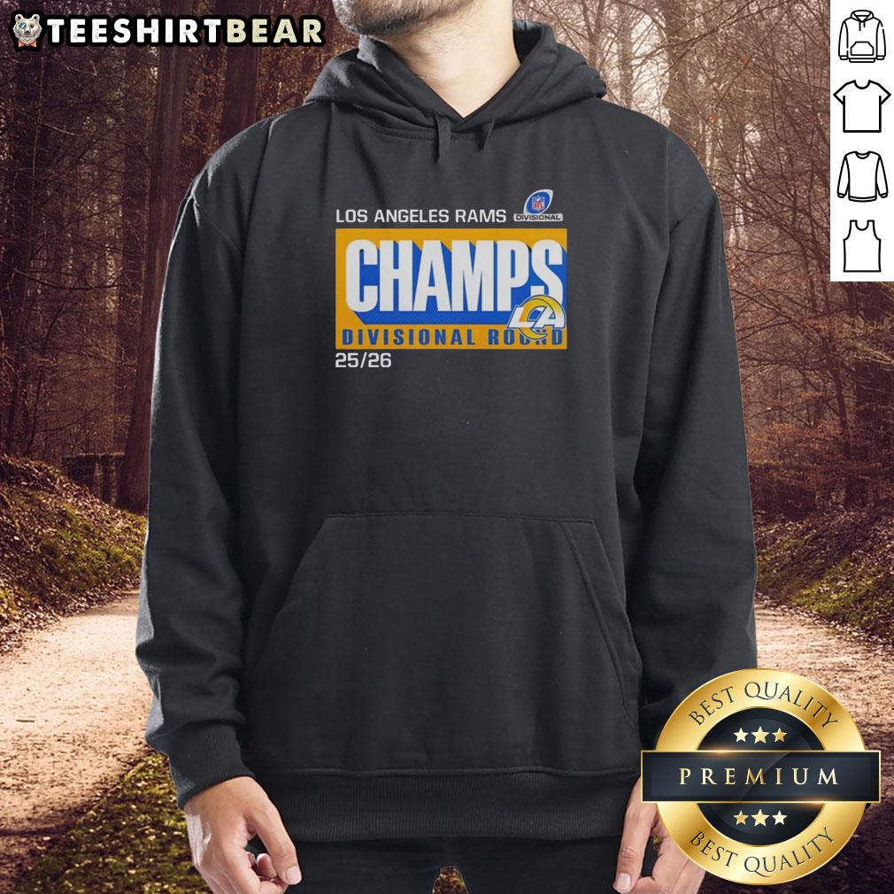 Los Angeles Rams Champs Divisional Round 2025-26 hoodie featuring bold team colors and logo.