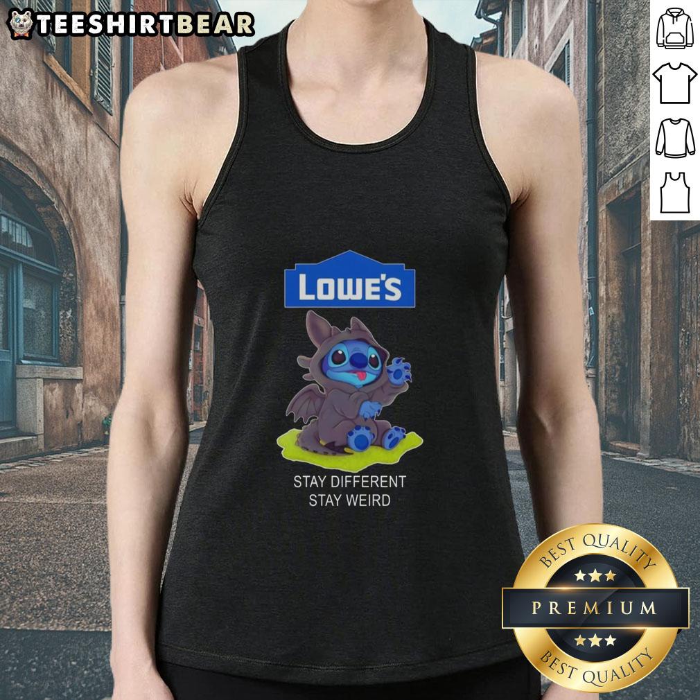 Awesome Lowe's gift card with Toothless and Stitch design on a stay different, stay weird tank top for unique style.