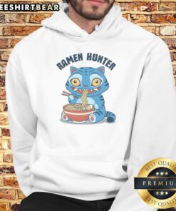 Alt Text: Awesome Ramen Hunter Tiger wearing a hoodie while enjoying delicious noodles in Japan.