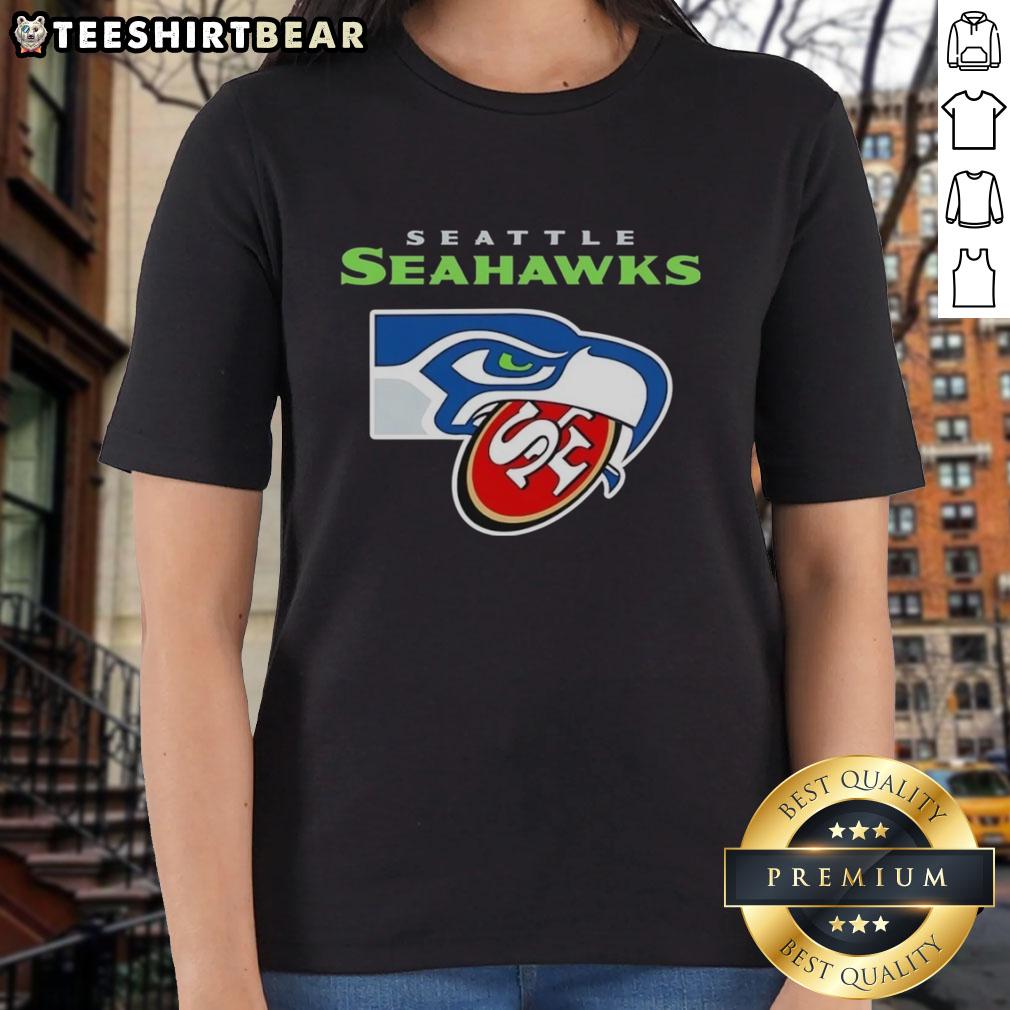 Awesome Seattle Seahawks crush San Francisco 49ers logo on a stylish ladies tee, perfect for fans and game day wear.