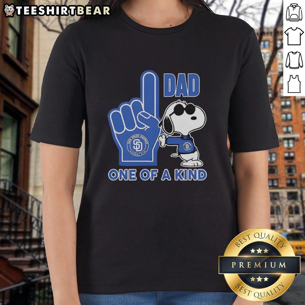 Awesome Snoopy San Diego Padres 1 Dad One Of A Kind Ladies Tee featuring a playful Snoopy graphic and vibrant team colors.