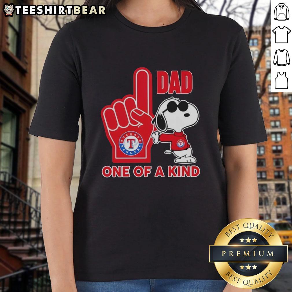 Alt Text: Awesome Snoopy Texas Rangers 1 Dad one of a kind ladies tee featuring a fun design for baseball fans.