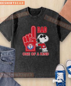 Awesome Snoopy Texas Rangers Dad One Of A Kind Washed T-Shirt featuring a playful Snoopy design for baseball fans.