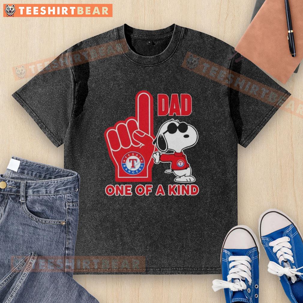 Awesome Snoopy Texas Rangers Dad One Of A Kind Washed T-Shirt featuring a playful Snoopy design for baseball fans.