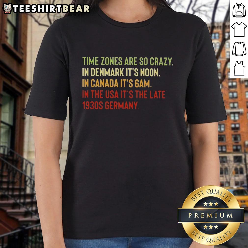 Vintage ladies tee featuring a playful design about Canada time zones, 6 AM in the USA, inspired by 1930s Germany.