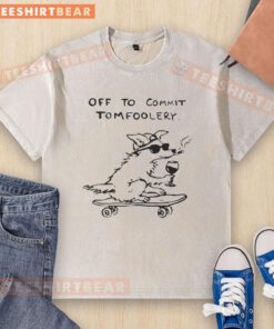 Cute dog off to commit tomfoolery wearing a washed t-shirt, showcasing its playful spirit and adorable personality.