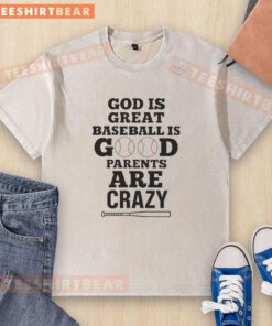 Alt Text: Cute God is Great Baseball is Good Parents are Crazy washed t-shirt for kids, perfect for casual wear.
