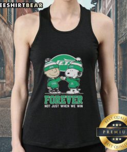 Alt Text: Cute Peanut Snoopy and Charlie Brown in New York Jets tank top, Forever Not Just When We Win design.