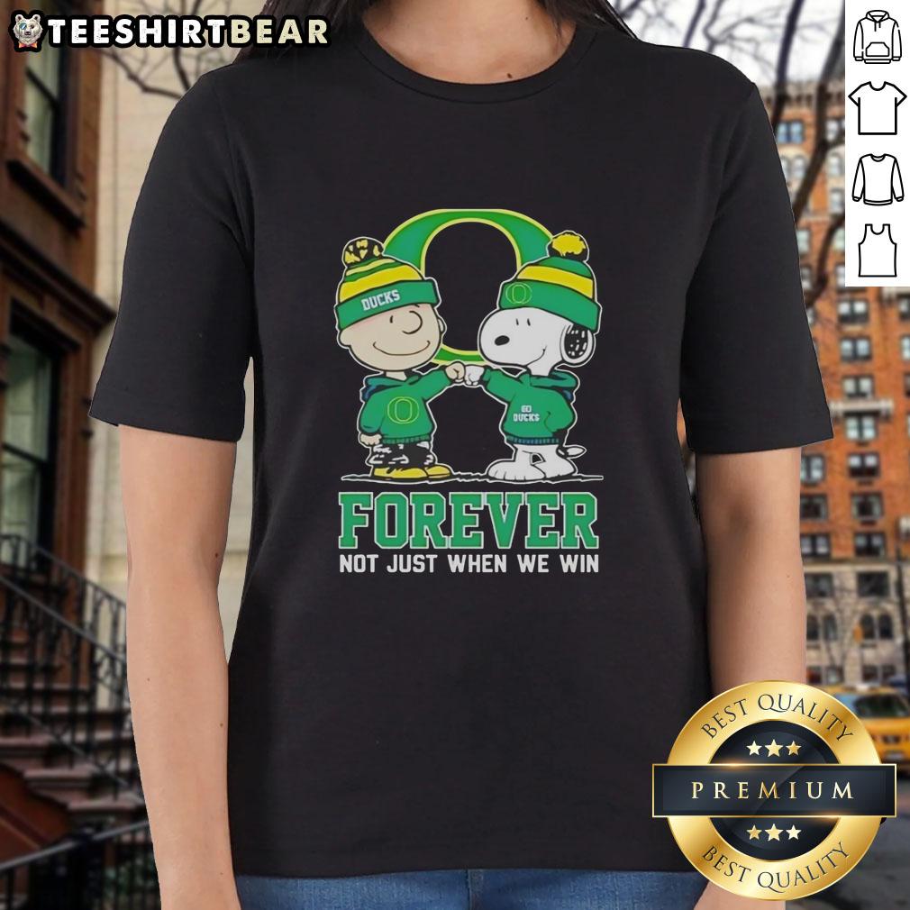 Cute Peanut Snoopy and Charlie Brown on Oregon Ducks Forever tee for women, celebrating team spirit beyond wins.