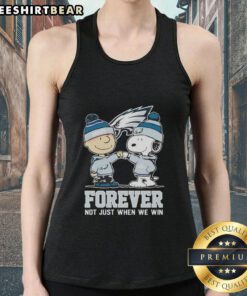 Cute peanut Snoopy and Charlie Brown wearing Philadelphia Eagles tank top, celebrating fandom with Forever, Not Just When We Win.