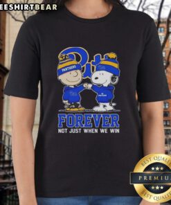 Cute Peanut Snoopy and Charlie Brown graphic on Pitt Panthers Forever tee for ladies, perfect for game day.