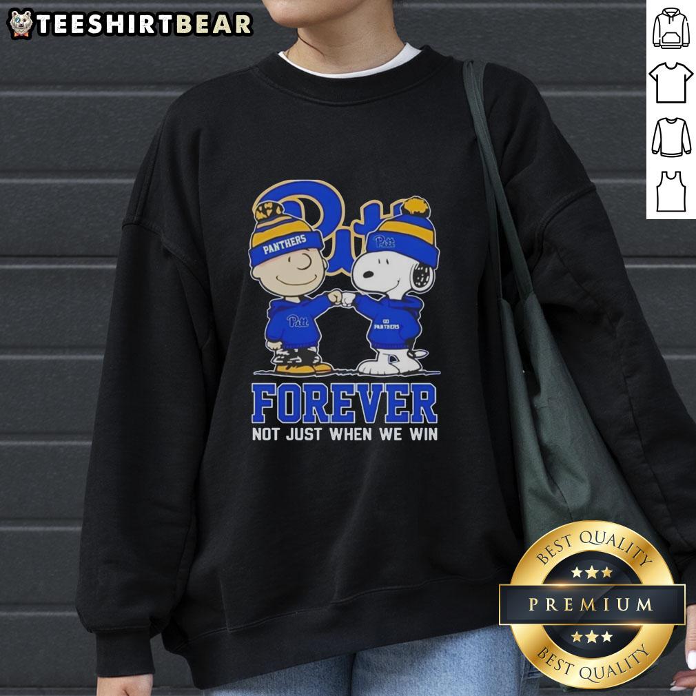 Alt Text: Cute Peanut Snoopy and Charlie Brown on Pitt Panthers sweatshirt, celebrating fandom 'Forever, Not Just When We Win'.