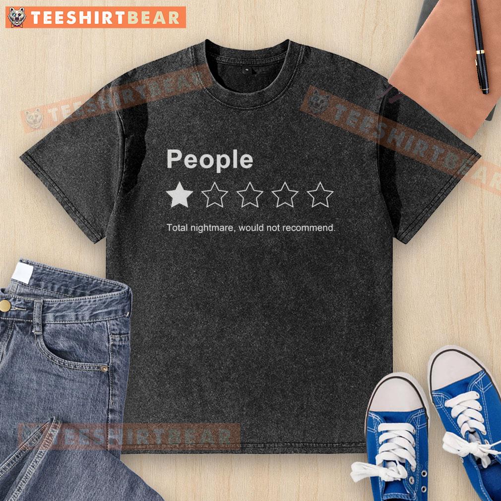 Funny people wearing a washed t-shirt featuring a sarcastic one-star review, perfect for humor enthusiasts.