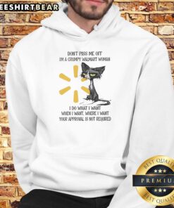 Alt Text: Grumpy cat in a hoodie with a humorous message about being a tired Walmart woman who does what she wants.