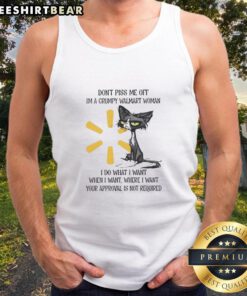 Funny tired cat on a grumpy Walmart woman's tank top saying 'I do what I want' for a humorous twist.