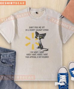Alt Text: Grumpy cat wearing a Don't Piss Me Off shirt, showcasing a funny tired expression, perfect for Walmart shoppers.