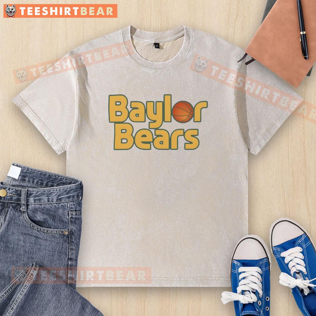 Good Baylor Bears Basketball Stacked Hoops Washed T-Shirt displayed on a wooden background, showcasing vibrant team colors.