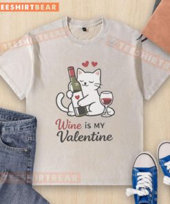 Good Cat Wine Is My Valentine washed t-shirt featuring a playful cat and wine graphic, perfect for cat lovers.