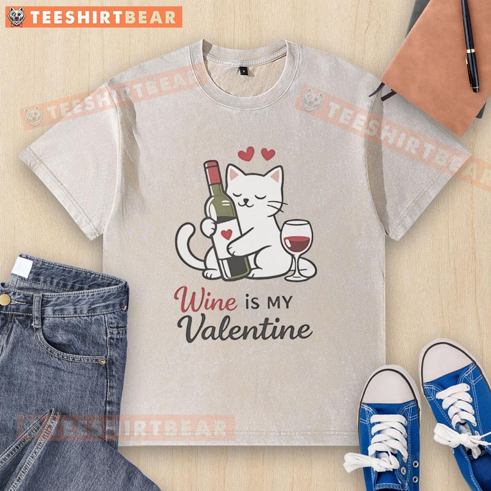 Good Cat Wine Is My Valentine washed t-shirt featuring a playful cat and wine graphic, perfect for cat lovers.