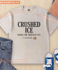 Refreshing sweet tea with good crushed ice in a stylish washed t-shirt, perfect for sipping slowly on a warm day.