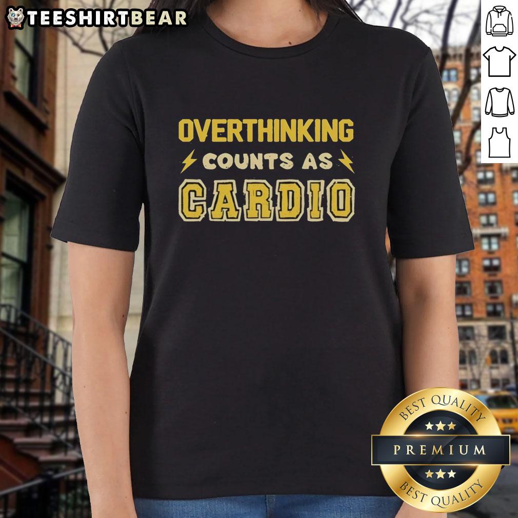 Funny ladies' tee featuring 'Good Overthinking Counts As Cardio' slogan, perfect for gym enthusiasts and humor lovers.