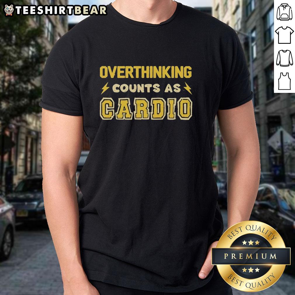 Alt Text: Funny gym t-shirt with 'Good Overthinking Counts As Cardio' slogan, perfect for fitness enthusiasts and humor lovers.