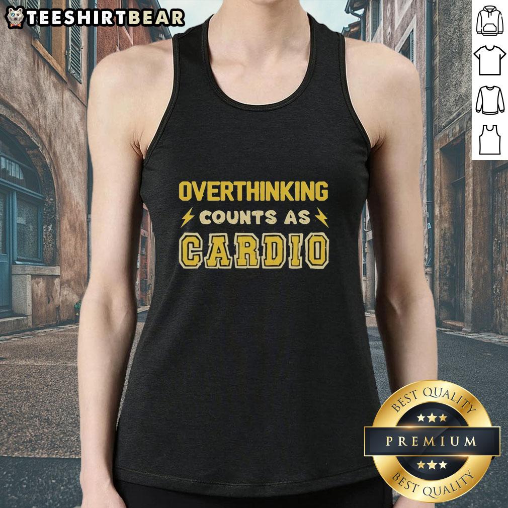 Funny tank top with 'Good Overthinking Counts As Cardio' slogan, perfect for gym lovers and humor enthusiasts.