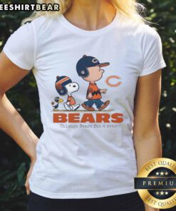Alt Text: Good Snoopy vs Charlie Brown Chicago Bears Fan 4 Ever Ladies Tee featuring playful graphics for NFL fans.