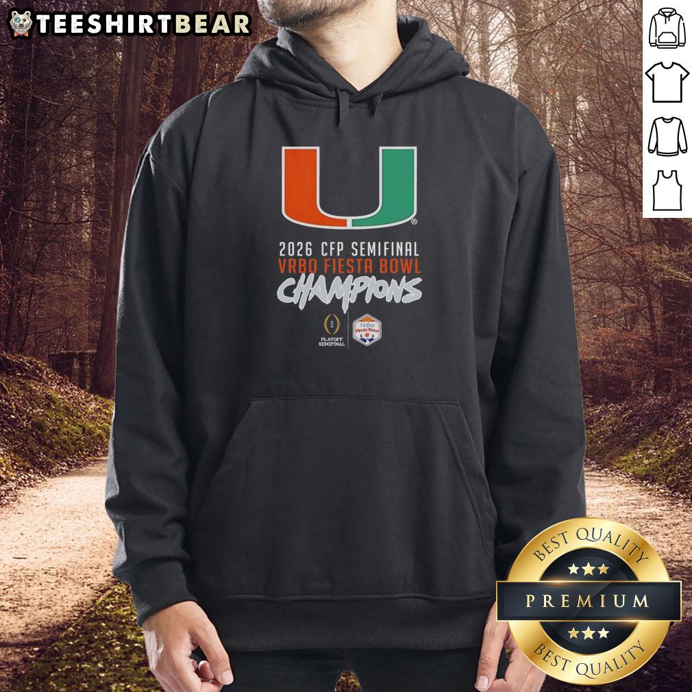 Miami Hurricanes Big Logo Hoodie celebrating CFP Semifinal 2026 Vrbo Fiesta Bowl Champions.