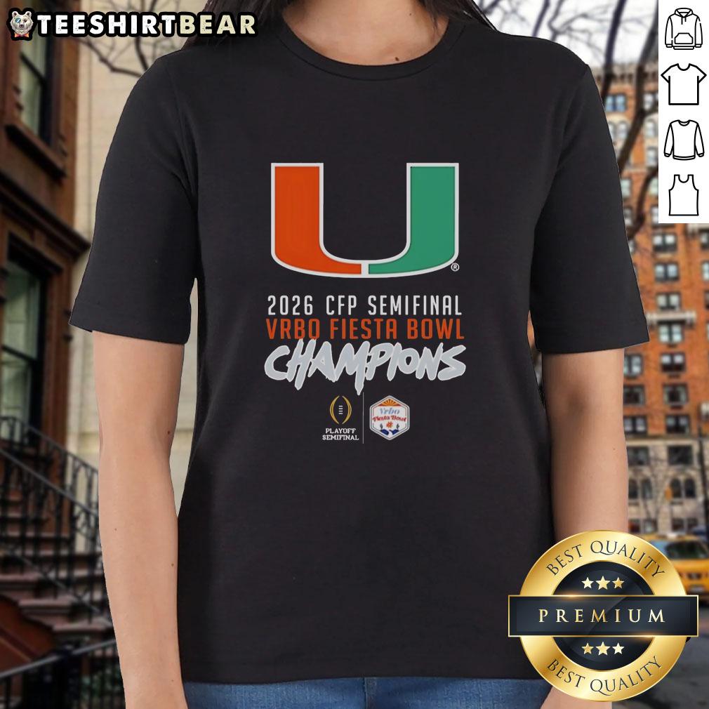 Happy Miami Hurricanes big logo on CFP Semifinal 2026 Vrbo Fiesta Bowl Champions ladies tee shirt.