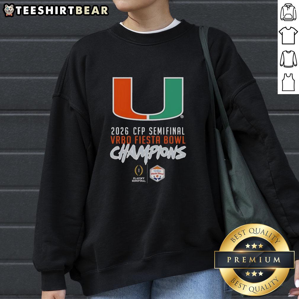 Happy Miami Hurricanes big logo on CFP Semifinal 2026 Vrbo Fiesta Bowl champions sweatshirt, showcasing team spirit.