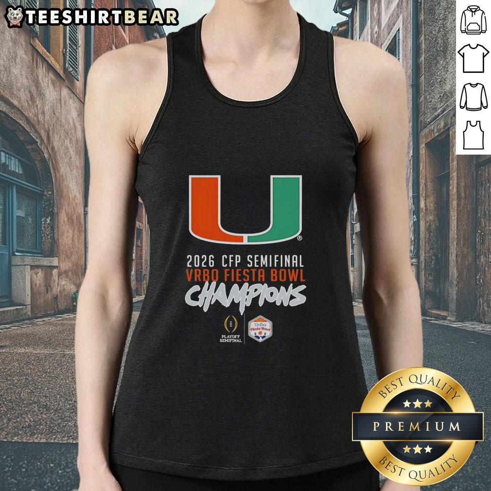 Happy Miami Hurricanes logo on a tank top for CFP Semifinal 2026 Vrbo Fiesta Bowl Champions celebration.