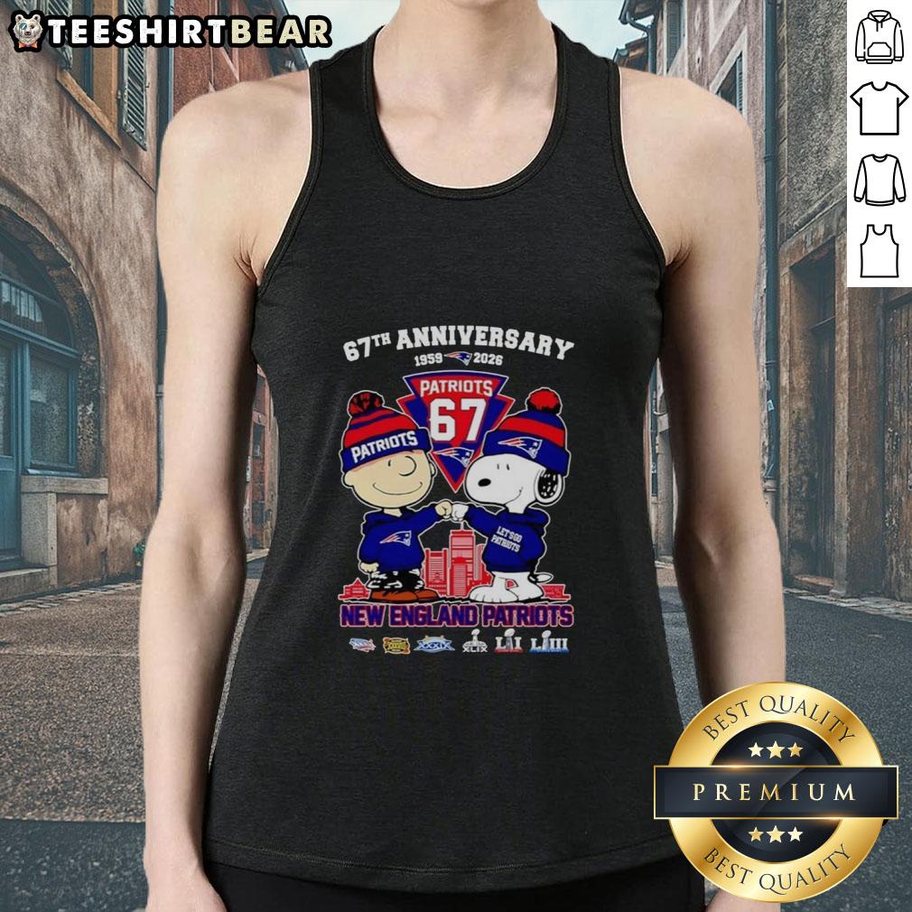 Alt Text: Happy Snoopy and Charlie Brown in New England Patriots tank top celebrating 67 years of football history (1959-2026).