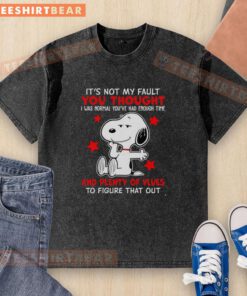 Alt Text: Happy Snoopy graphic on a washed t-shirt, featuring the quote It's not my fault you thought, perfect for casual wear.